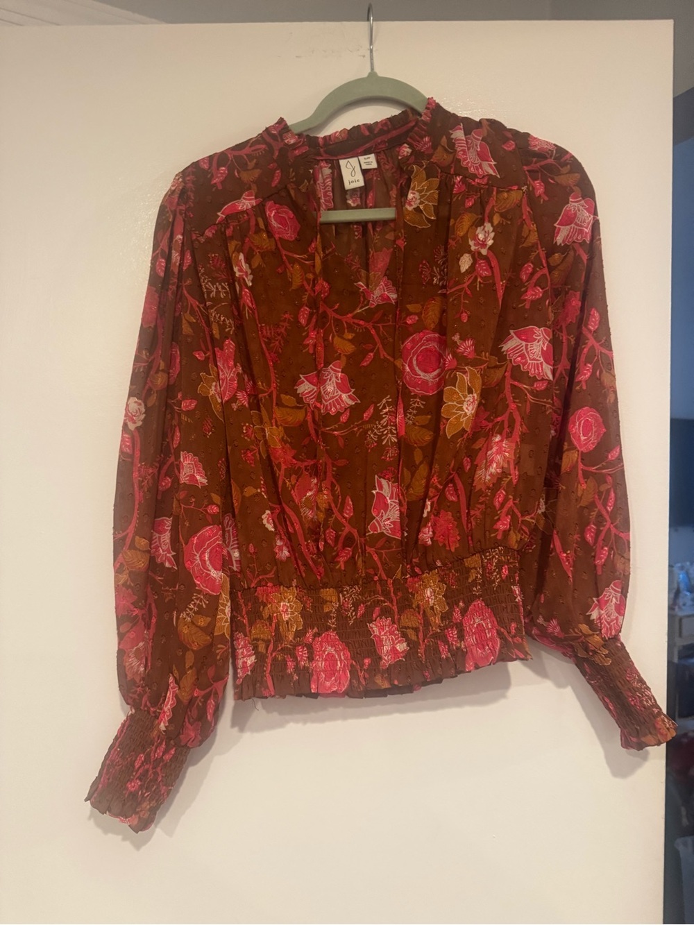 Joie Floral Smocked Hem Long-Sleeve Top - Brown & Pink